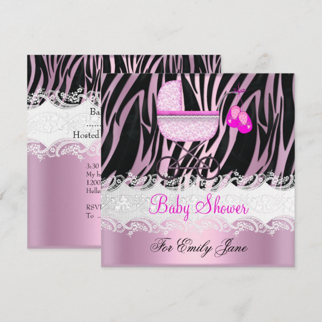 Invitation Baby shower Zebra rose blanc bébé fille (Devant / Derrière)