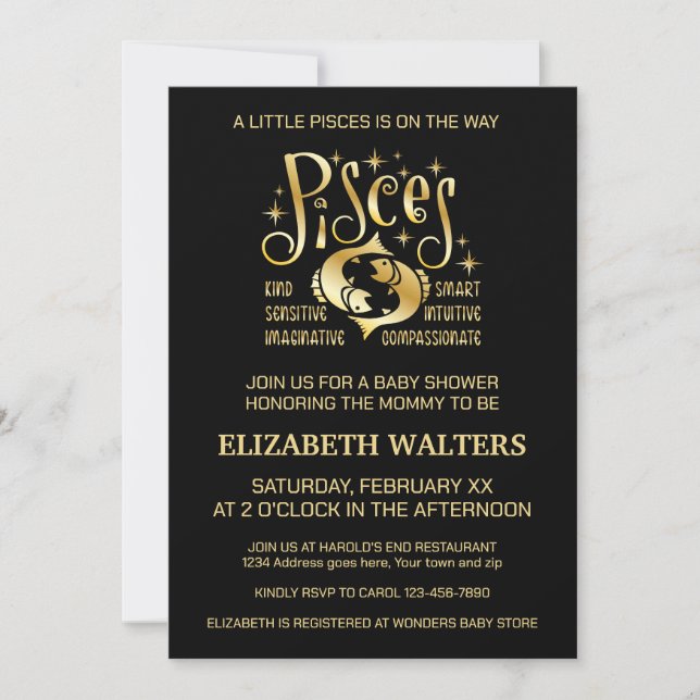 Invitation Baby shower Zodiac aux Poissons d'or et de noir (Devant)
