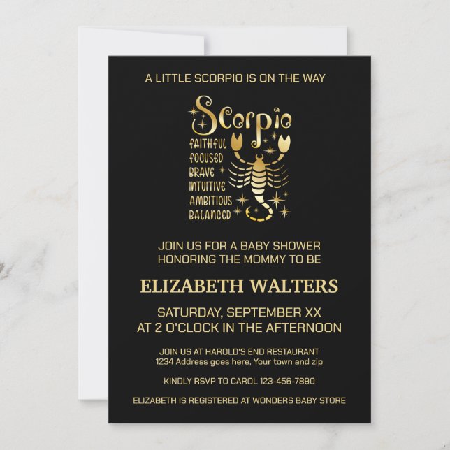 Invitation Baby shower Zodiac Gold et Black Scorpio (Devant)