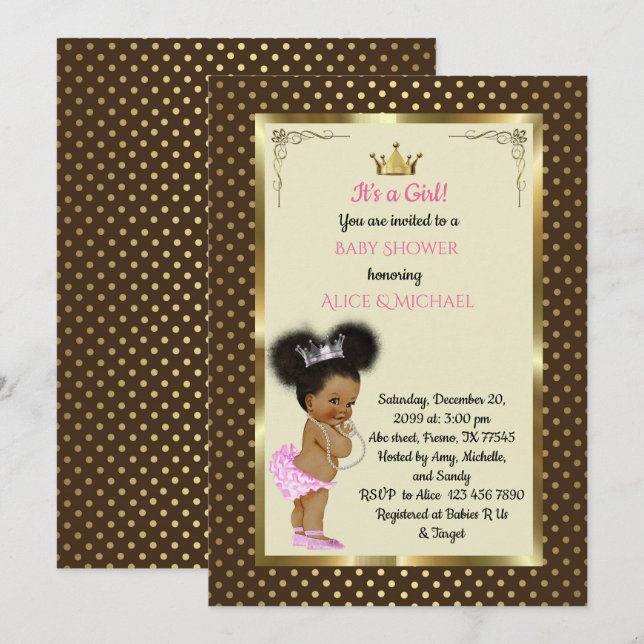Invitation Baby ShowerGirl etnic, Princess Girl African, tend (Devant / Derrière)