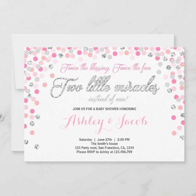 Invitation Baby showers jumeaux Filles rose et arg (Devant)