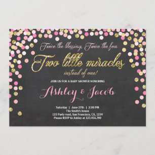 Invitation Baby showers jumeaux Filles Rose et or
