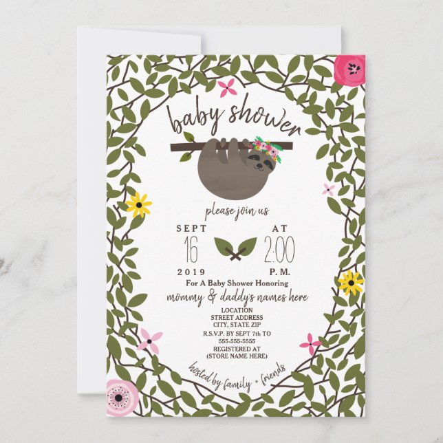 Invitation Baby Sloth fille Baby shower verdure (Devant)