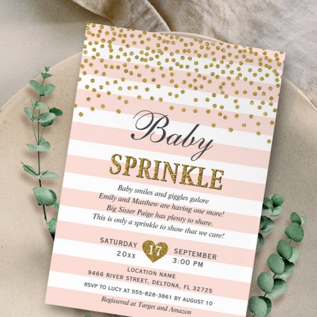 Invitation Baby Sprinkle Confetti Rayure Rose Poudré Or (Créateur téléchargé)