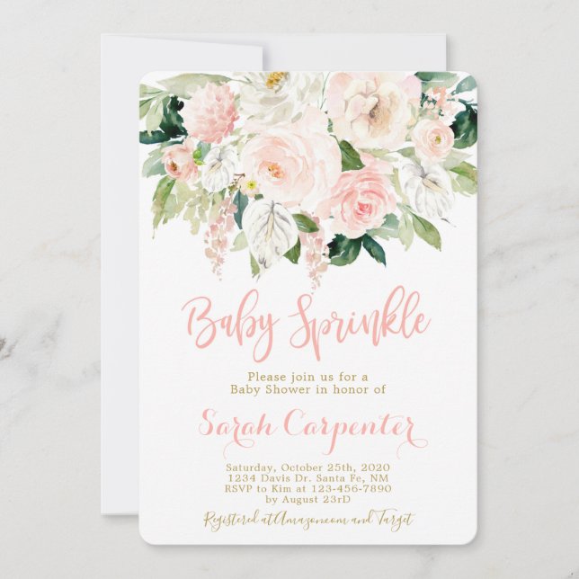 Invitation Baby Sprinkle rose aquarelle fille florale (Devant)