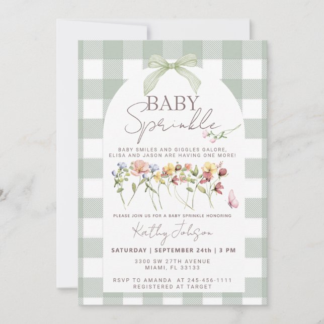 Invitation Baby Sprinkle Sage Green Gingham (Devant)