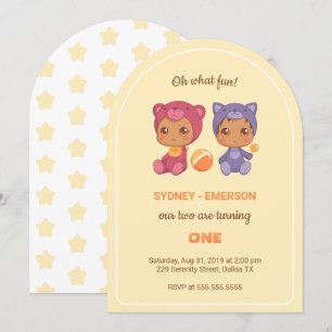 Invitation Baby Twins Premier anniversaire Chat Ours Jaune