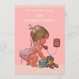 Invitation Baby vintage sur téléphone Chevrons rose 1er anniv
