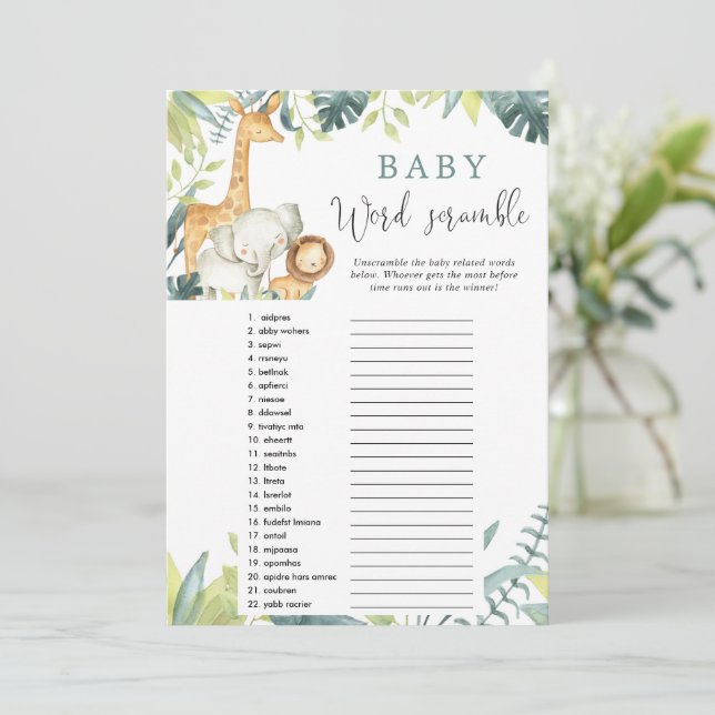 Invitation Baby word scramble safari jeu de baby shower (Debout devant)
