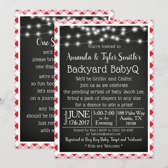 Invitation BabyQ Chalkboard Rouge En vichy Baby shower de piq (Devant / Derrière)