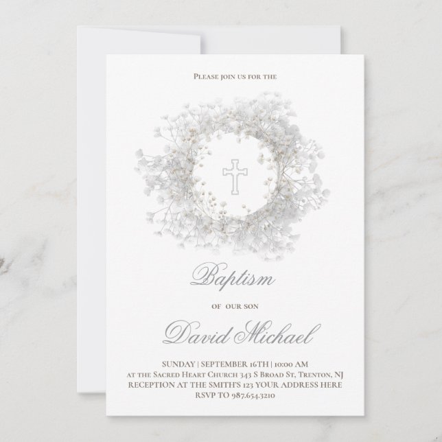 Invitation Baby's Breath flowers Baptism  (Devant)