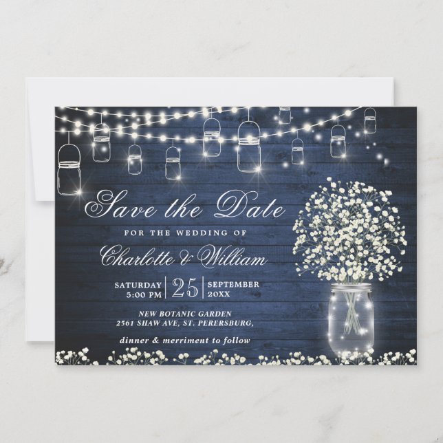 Invitation Baby's Breath Mason Jar Mariage Rustique Bleu Bois (Devant)