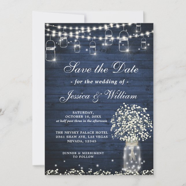 Invitation Baby's Breath Mason Jar Rustique Bleu Bois Mariage (Devant)