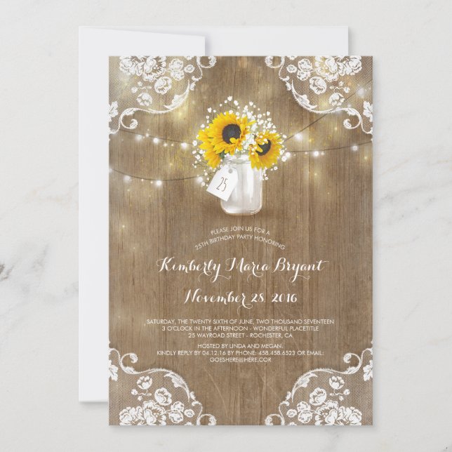 Invitation Baby's Breath Mason Jar Tournesols fête d'annivers (Devant)