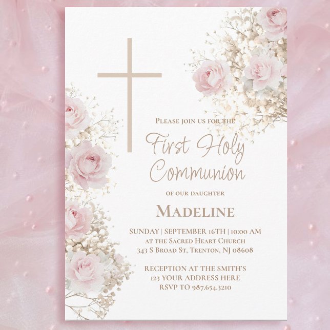 Invitation Baby's Breath pink roses First Holy Communion (Créateur téléchargé)