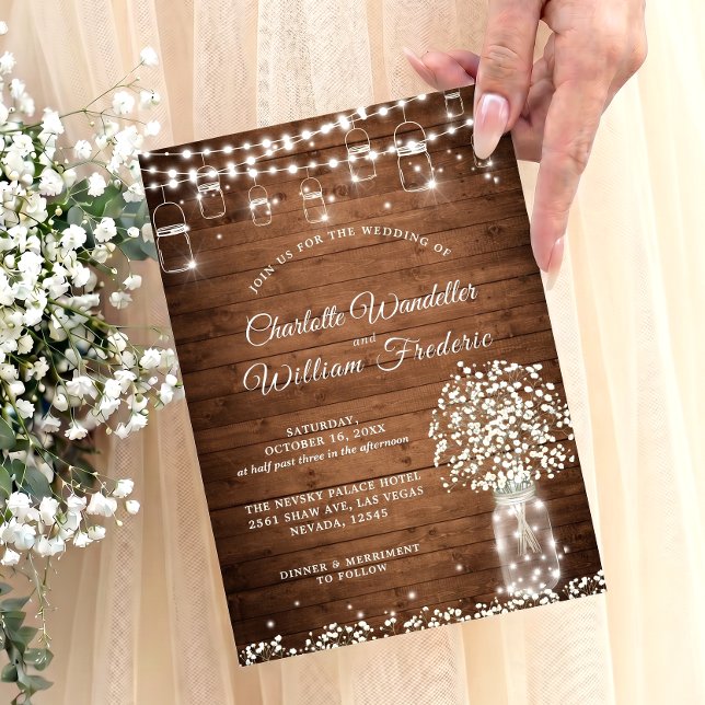 Invitation Baby's Breath Pot Mason Rustique Bois Mariage (Créateur téléchargé)
