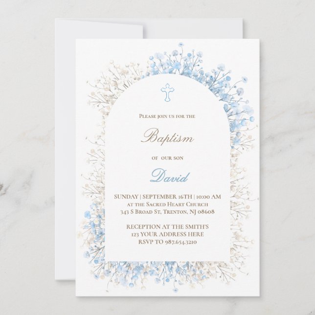 Invitation Baby's Breath white blue baby boy Baptism (Devant)