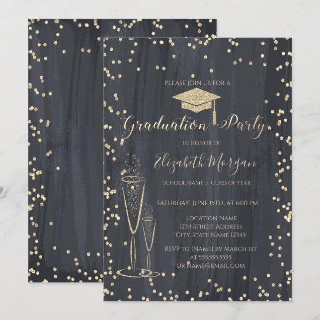 Invitation Bac de diplôme, Diamants de verre noir Graduation (Devant / Derrière)