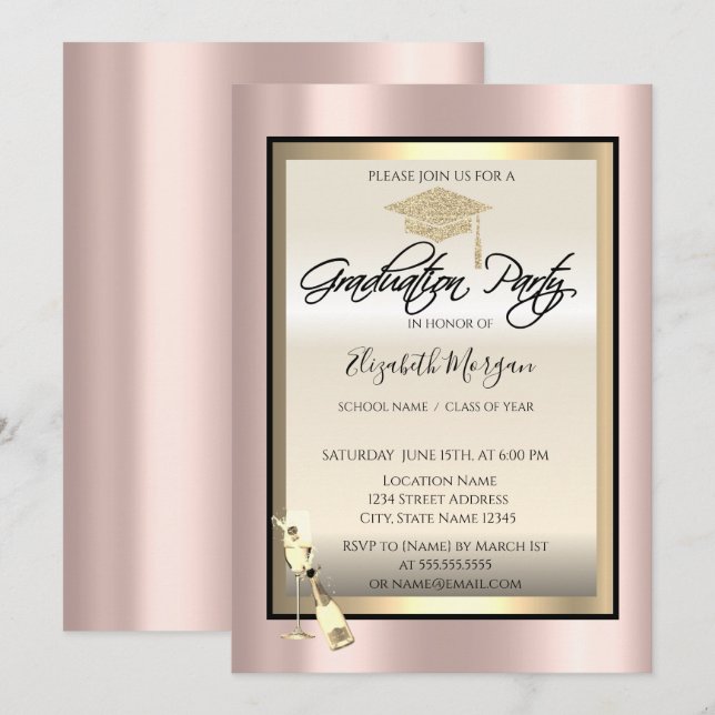 Invitation Bac de diplôme, Verre à vin Rose Gold Graduation (Devant / Derrière)