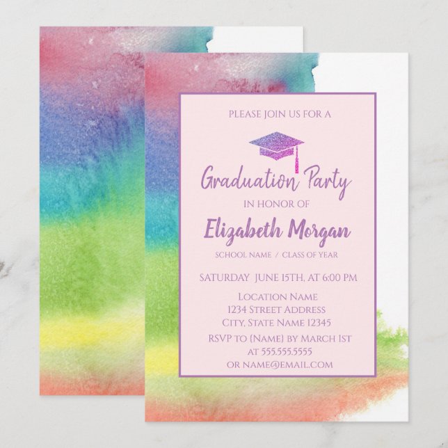Invitation Bac de graduation de parties scintillant, Aquarell (Devant / Derrière)