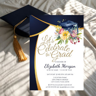 Invitation Bac de graduation florale, Bleu Graduation