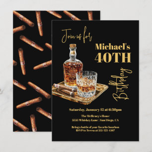 Invitation Bac d'or d'anniversaire Whiskey Bourbon et Cigar