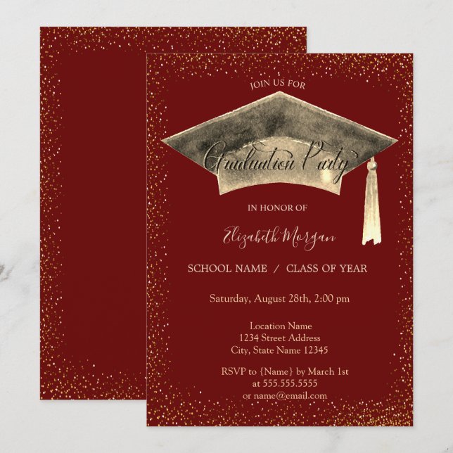 Invitation Bac d'or Tassel Red Graduation (Devant / Derrière)