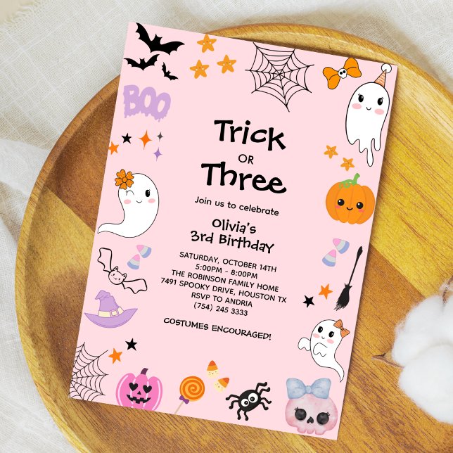 Invitation Bac rose ou traiter Halloween 3e anniversaire (Pink Trick or Treat Girl Halloween 3rd Birthday Invitation )