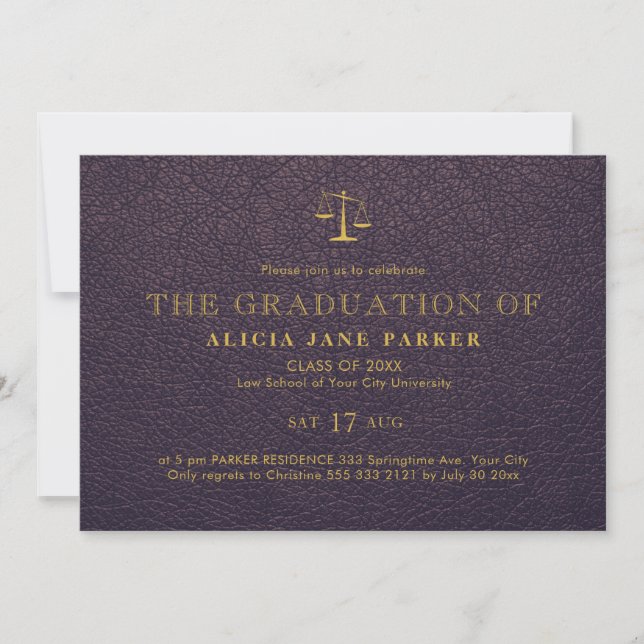 Invitation Baccalauréat en droit élégant violet or photo (Devant)