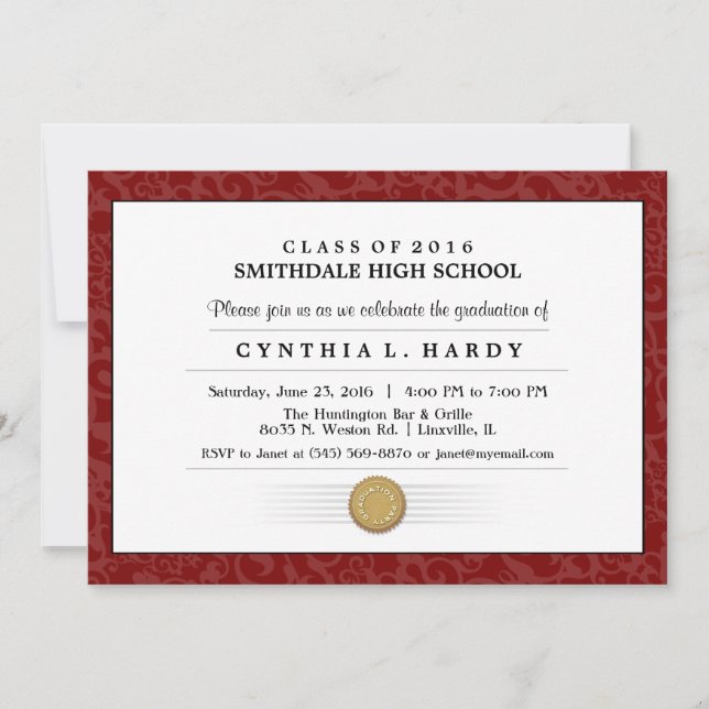 Invitation Baccalauréat Maroon Red Border (Devant)