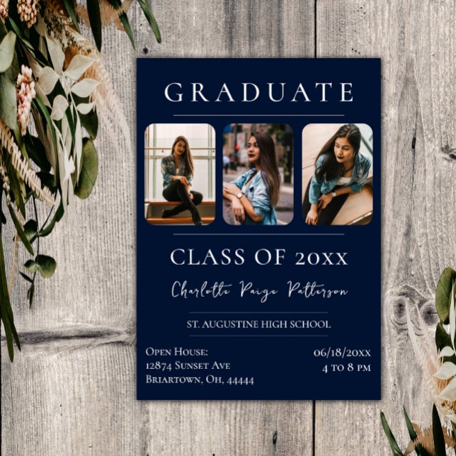 Invitation Baccalauréat simple en trois photos | bleu marine (Navy Blue Simple Three Photo Graduation Invitation)