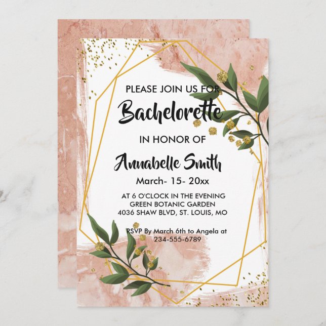 Invitation Bachelor moderne Gold Frame Ivory Green Floral (Devant / Derrière)