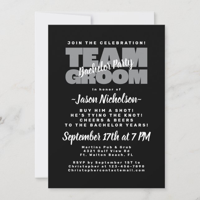 Invitation Bachelor Party Team Groom Black Masculine élégant (Devant)