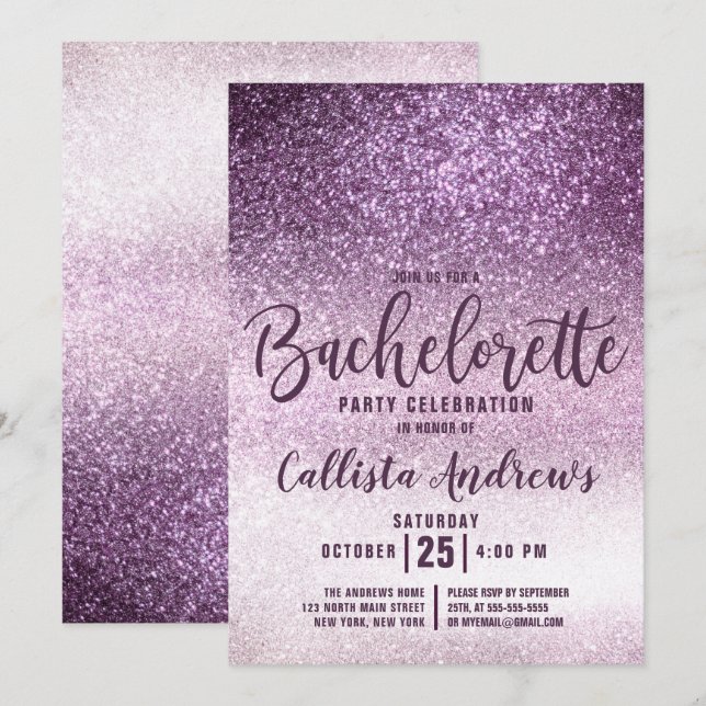 Invitation Bachelorette à trois Parties scintillant violet (Devant / Derrière)