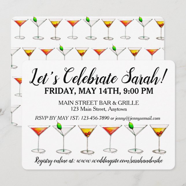 Invitation Bachelorette Anniversaire Cocktail Martini Cosmo (Devant / Derrière)