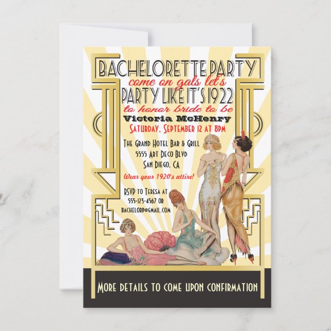 Invitation Bachelorette Art déco des années 1920 (Devant)