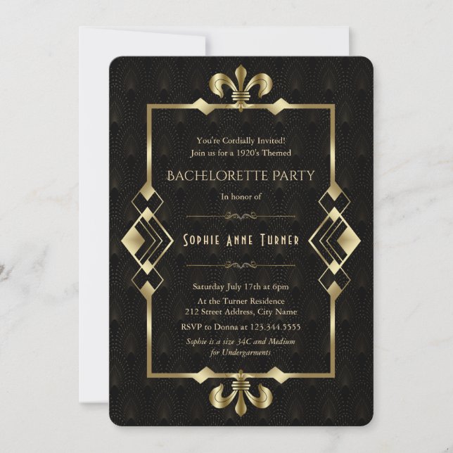 Invitation Bachelorette Art Déco Gold des années 20 (Devant)