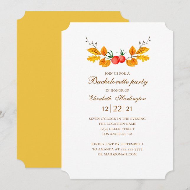 Invitation Bachelorette automne. Mariage d'automne aquarelle (Devant / Derrière)