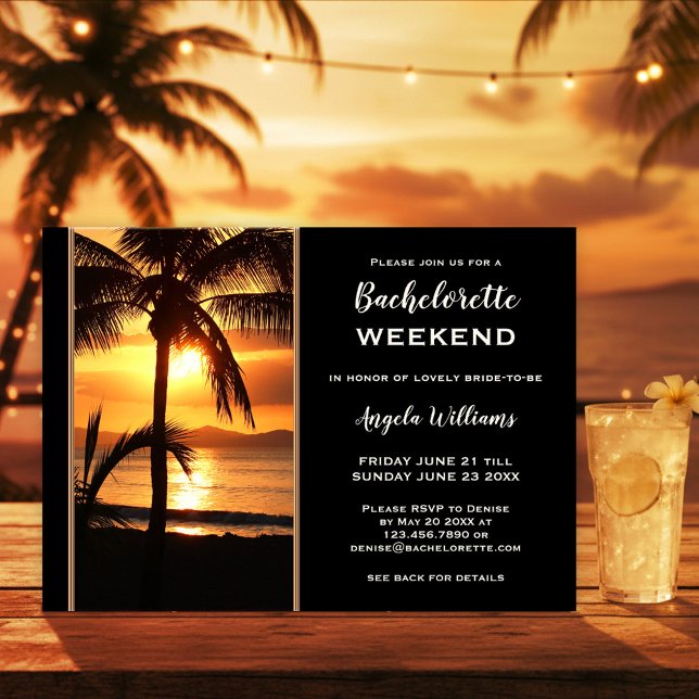 Invitation Bachelorette Beach Weekend Itinerary  (Beach bachelorette weekend itinerary template featuring a sunset at a tropical beach with palm trees)