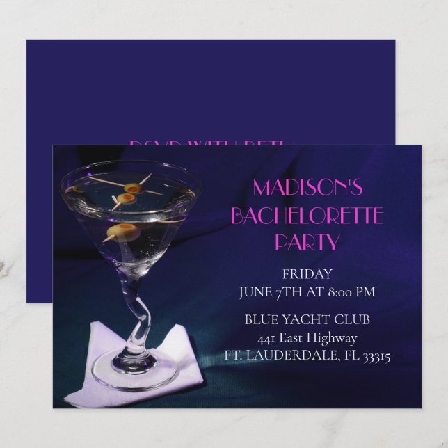 Invitation Bachelorette Bleue Lumineuse Martini fête nuptiale (Devant / Derrière)