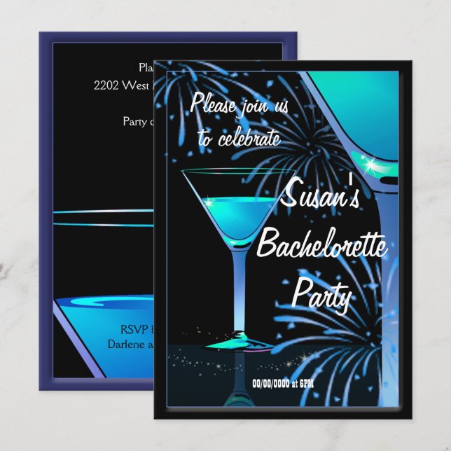 Invitation Bachelorette Blue Martini Cocktail Party (Devant / Derrière)