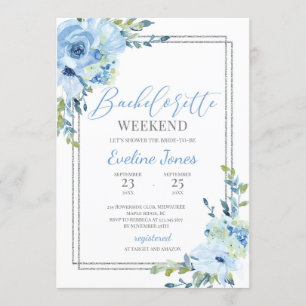 Invitation Bachelorette Boho bleu foncé à cadre argenté