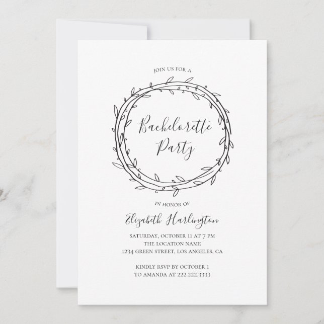 Invitation Bachelorette botanique. Noir et blanc (Devant)