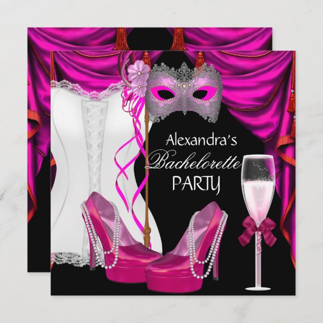 Invitation Bachelorette Corset Rose Masquerade Champagne (Devant / Derrière)