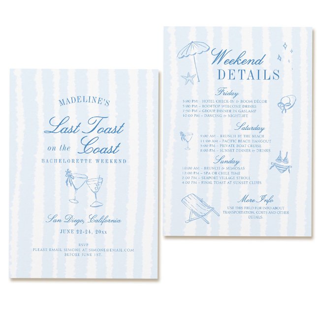 Invitation Bachelorette côtière Dernière main trônée rayures (coastal bachelorette party invitation last toast on the coast hand drawn stripes blue itinerary)