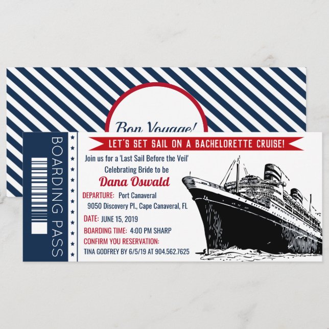 Invitation Bachelorette Croisière Bateau Passe d'embarquement (Devant / Derrière)