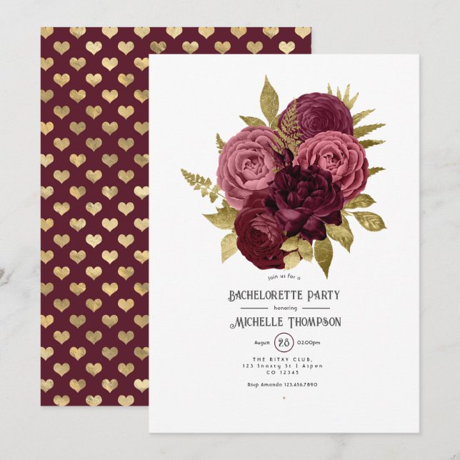 Invitation Bachelorette de Bourgogne et d'or Floral (Devant / Derrière)