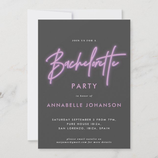 Invitation Bachelorette de néon violet clair moderne  (Devant)