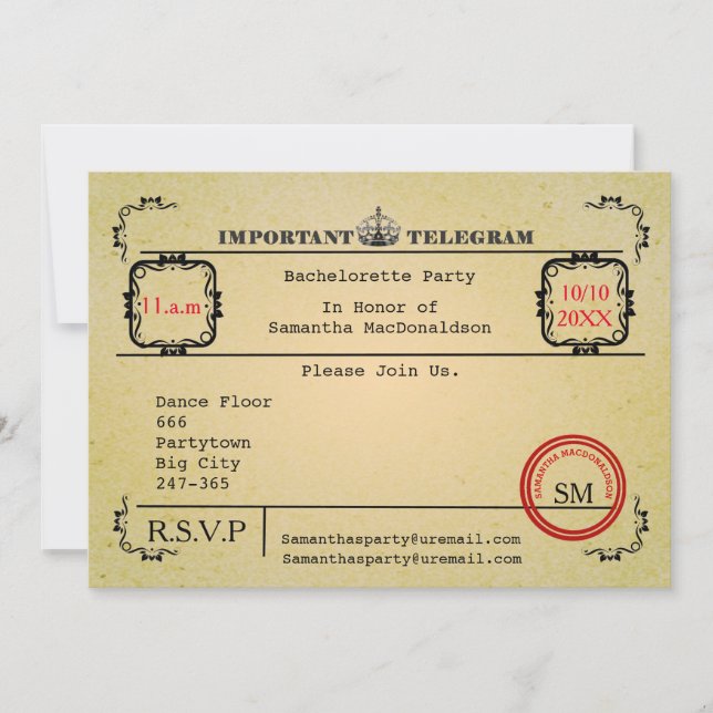 Invitation Bachelorette de télégramme Vintage (Devant)