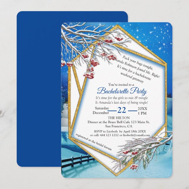 Invitation Bachelorette d'hiver à cadre d'or géométrique (Devant / Derrière)